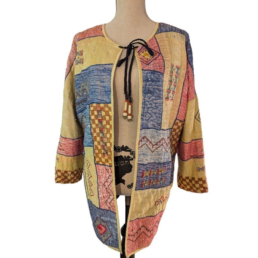JA Resort 100% Silk Patchwork Jacket Boho Chic Artsy Color XS Vintage Festival